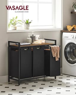 Innovastore Wasmand kast - Wasmand - Wasmand 3 vakken - Wassorteerder - Uitschuifbaar met plank - 114 liter - Zwart-Bruin — thumbnail 2