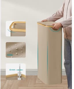 Emvae Wasmand - Smalle Wasbox met Deksel en Uitneembare Waszak - Compact - 65L - Oxford Stof/Bamboe - Beige — thumbnail 4