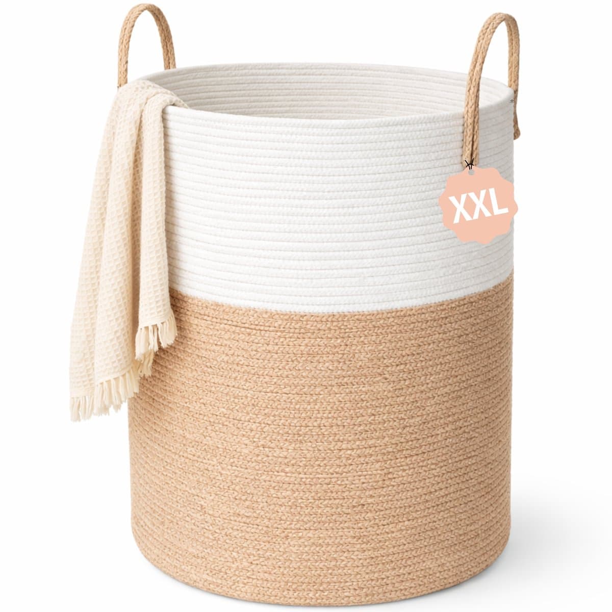 Woning Decor® Wasmand 100L XXL – Katoenen Wasmand – Opbergmand – Wassorteerder – Beige/Wit — afbeelding 1
