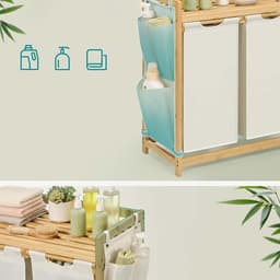 Wasmand opbergmand vuile was sorteermand driedelig ontwerp 150L grote opbergruimte met uittrekbare binnenvoering, bovenste plank en zijvak stabiele bamboestructuur geschikt voor thuis badkamer en wasruimte 94×33×78 cm naturel houtkleur + beige — thumbnail 5