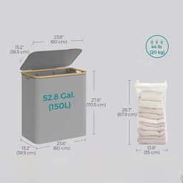 Wasmand 60 x 38.5 x 70.5 cm, grijs met deksel, 3 vakken voor vuile was, met 3 afneembare mesh voeringen. Grote capaciteit van 150 liter, modern en eenvoudig design — thumbnail 2