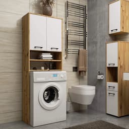 Badkamerkast voor Wasmachine FIN / Hoge Wasmachinekast met 2 Deuren / AKORD Furniture Factory / Artisan Eik - Wit / 65 x 180 x 30 cm — thumbnail 4