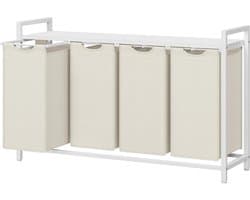 Wasmand Met Plank - Kledingopslag Sorteren - Was Sorteren - Vier Afneembare Zakken - 160 Liter Totaal - Crèmewit Mat