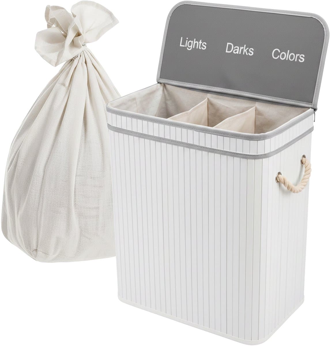 Wasmand 3 vakken - 105 l - opvouwbaar - bamboe - wit — afbeelding 1