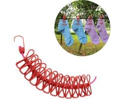 Verstelbare reis-waslijn, draagbaar, met klemmen, 12 stuks voor binnen en buiten (rood)