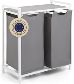 KLS® Wasmand 2 Vakken - Wasmand - Wasbox met 2 Vakken - Grijs Wit - 36cm x 65cm x 73cm — thumbnail 1
