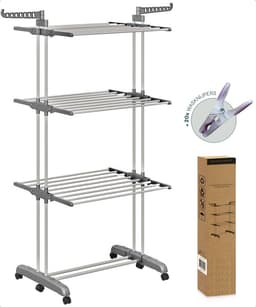 BAUER & MEYER® - Droogtoren met wieltjes - Inklapbaar poten - Incl. 20 wasknijpers - Wastoren - 173 x 75 x 63 cm - Grijs — thumbnail 2