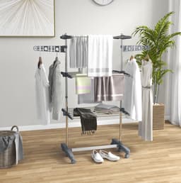 Droogtoren – 3 Niveaus, 142 x 55 x 152 Cm – Staal – Grijs – Inklapbaar Met 6 Wielen Voor Binnen — thumbnail 1