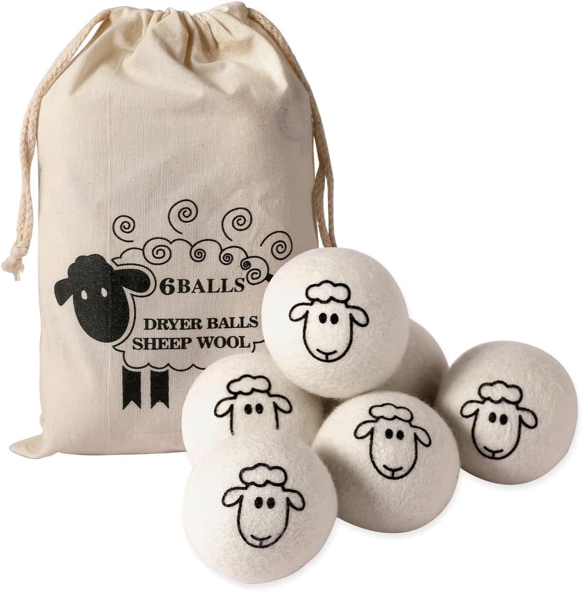 Wollen droogballen - Droogballen voor de wasdroger (6 stuks) - Herbruikbaar - Verkort de droogtijd en bespaart energie - Antistatische, natuurlijke wasverzachter - Inclusief opbergtas — afbeelding 1