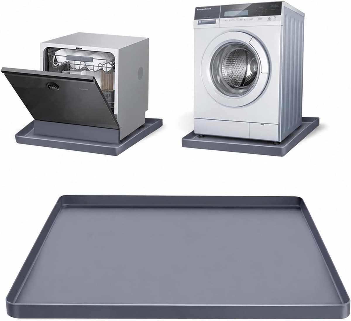 Bobypet - Wasmachine lekbak - Siliconen beschermmat - Waterdicht - Beschermt de vloer tegen lekkage - Voor wasmachine, droger, vaatwasser, koelkast en airco - 60 x 50 x 1,5 cm - Grijs — afbeelding 1