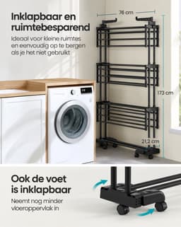 Veya Wasrek Zwart - Droogmolen - Inklapbaar - Staand - Toren - 4 niveaus - 14 ophangopeningen - 6 zwenkwielen -41kg draagvermogen — thumbnail 5