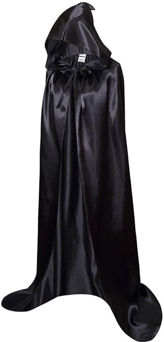 Cape, zwarte cape met capuchon, lange satijnen cape, kostuum voor Halloween, carnaval, vampier — afbeelding 1