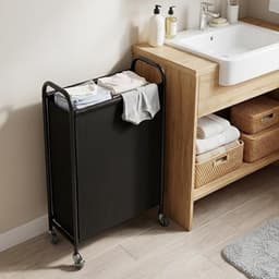 PolkaHome 80L slanke wasmand met wielen, stoffen rollende wasmand, smalle kledingorganizer, hoge mand voor kast, wasruimte, badkamer, zwart — thumbnail 2