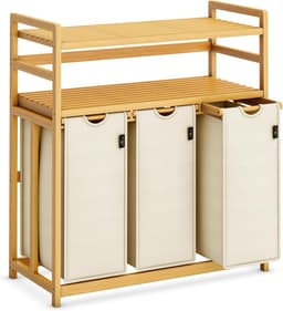Wasmand 150L met 3 Vakken - Bamboe Wassorteerder met 3 Uitneembare Waszakken en 2 Opbergplanken - Uittrekbaar en Ademend - Voor Badkamer, Wasruimte en Slaapkamer - Beige — thumbnail 1