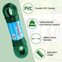 30 m waslijn touw, zware waslijn stalen kern, sterke draad 4 mm dia waslijnen, lange waslijnen voor buiten tuin, roestvrije en waterdichte zware waslijn (Groen) — thumbnail 3