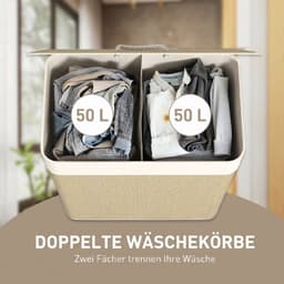 DESMIU Wasmand – 100 Liter – Met Deksel En 2 Vakken – Bamboe – Wit – Uitneembare Waszak Met Zijgrepen Voor Wasgoed Sorteren — thumbnail 4