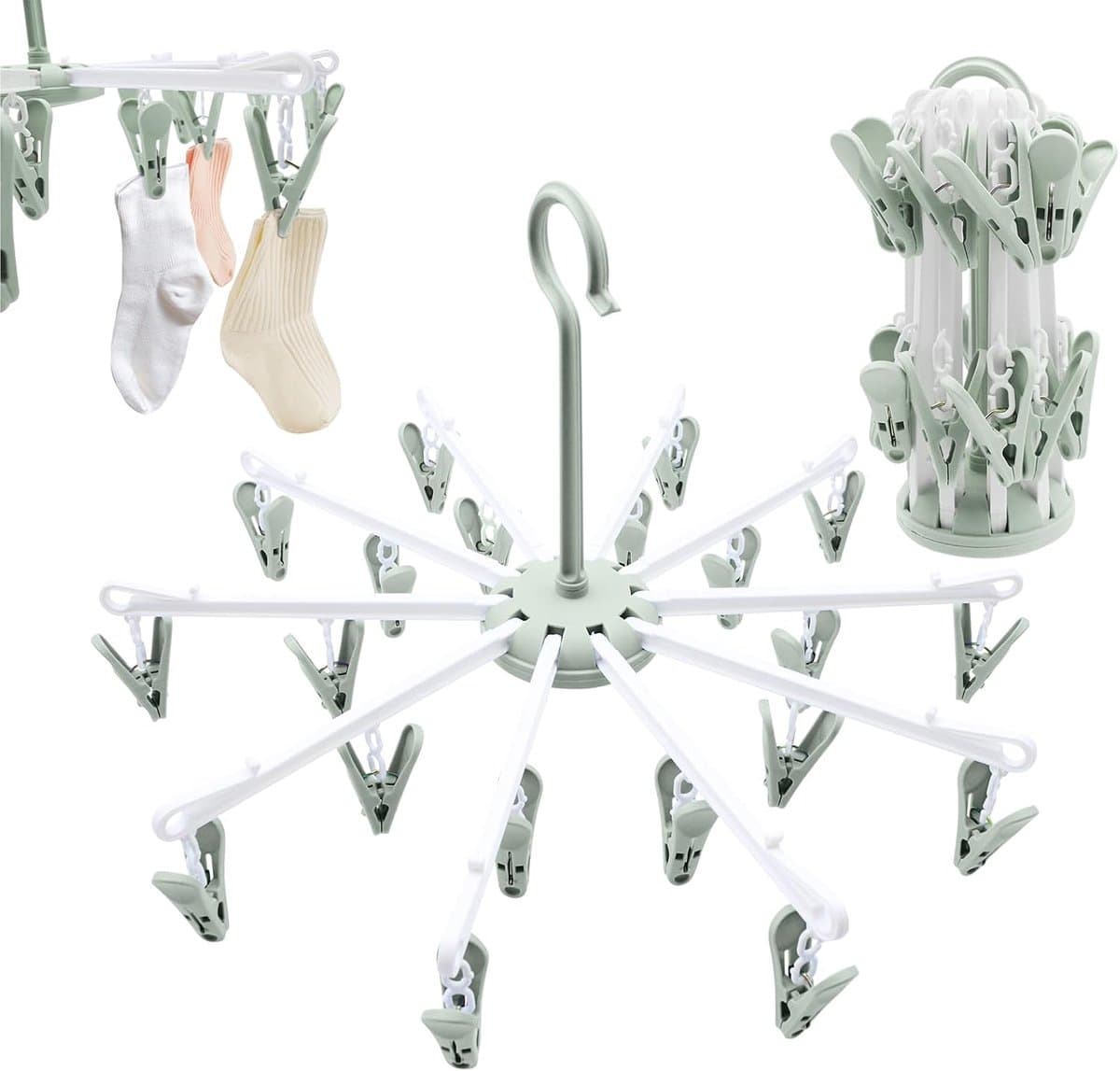 Bobypet - Droogrek - Sokkendroger Opvouwbaar - 2 Stucks - Winddicht & Anti-Slip - Wasrek met 40 Wasknijpers - 360° Draaibaar Droogrek - Voor Sokken & Ondergoed - Groen — afbeelding 1