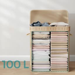 Wasmand Vuilewasmand met deksel handgrepen en uitneembare waszak Grote capaciteit van 100 liter opbergruimte Stevig en duurzaam bamboe frame Stijlvolle, eenvoudige en moderne uitstraling 34,5 x 54,5 x 61 cm naturel — thumbnail 4