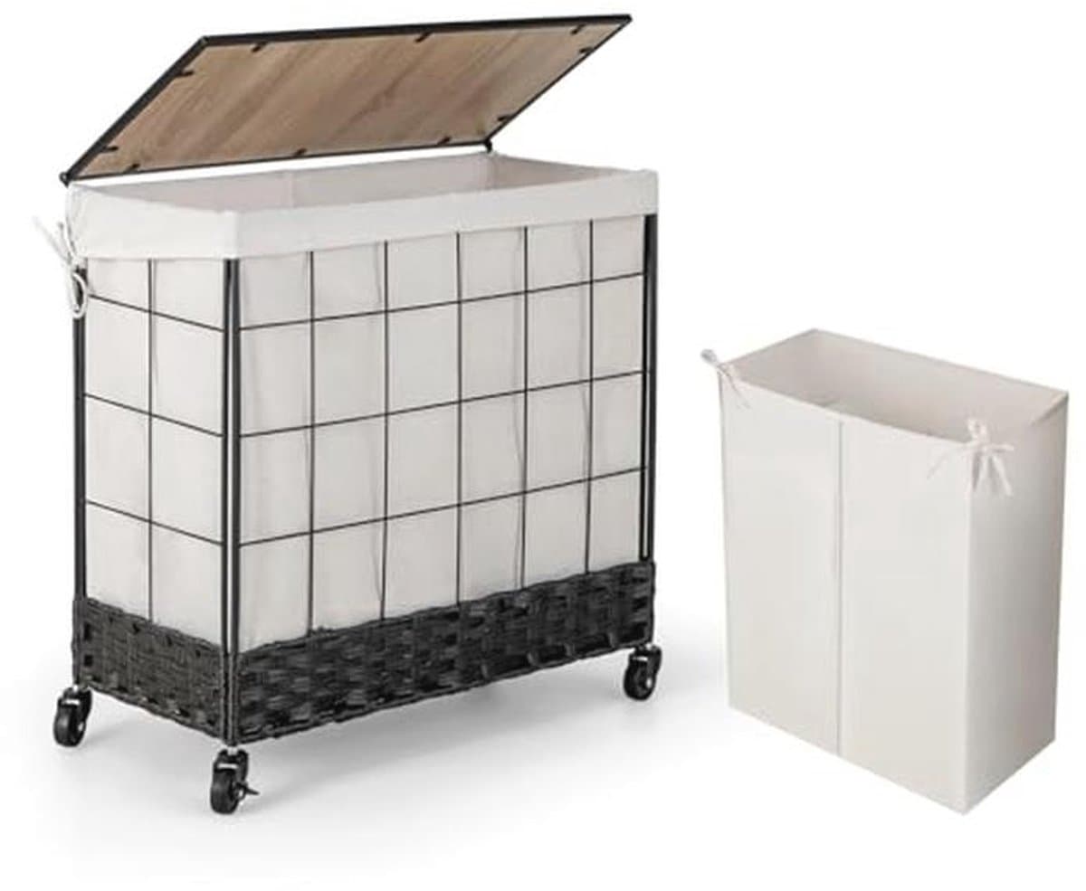 Wasmand met wieltjes en deksel - 130 l, 2 vakken, uitneembaar - Perfect voor badkamer en slaapkamer — afbeelding 1