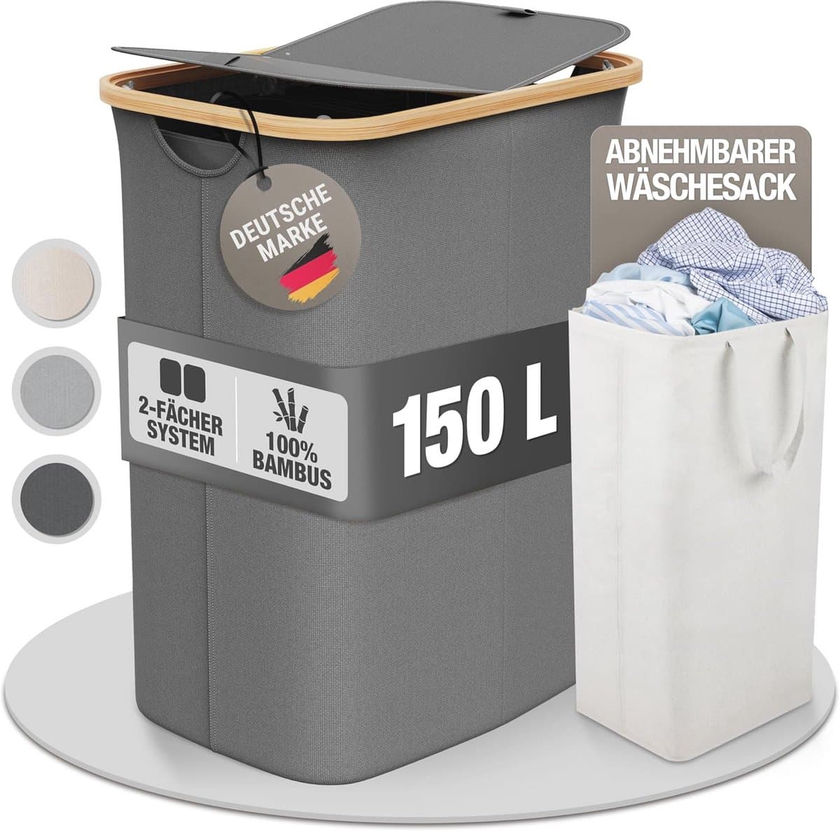 Grote Wasmand met Deksel en 2 Vakken – 150 Liter, Bamboe-Stof, XXL, Grijs — afbeelding 1
