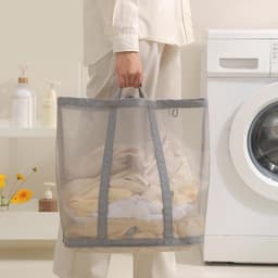 Opvouwbare ademende wasmand - waszak van gaas - wasmand voor het sorteren van kleding - waszak van gaas met handvat - opvouwbare wasmand - opvouwbare wasmand voor wandmontage - geschikt voor badkamer - studentenkamers - reizen - grijs — thumbnail 4