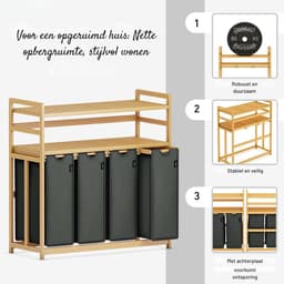 Nexvo® Wasmand 4 Vakken - Wassorteerder - Wasmand - Bamboe Frame - Donkergrijs - 103cm x 42cm x 101cm — thumbnail 4