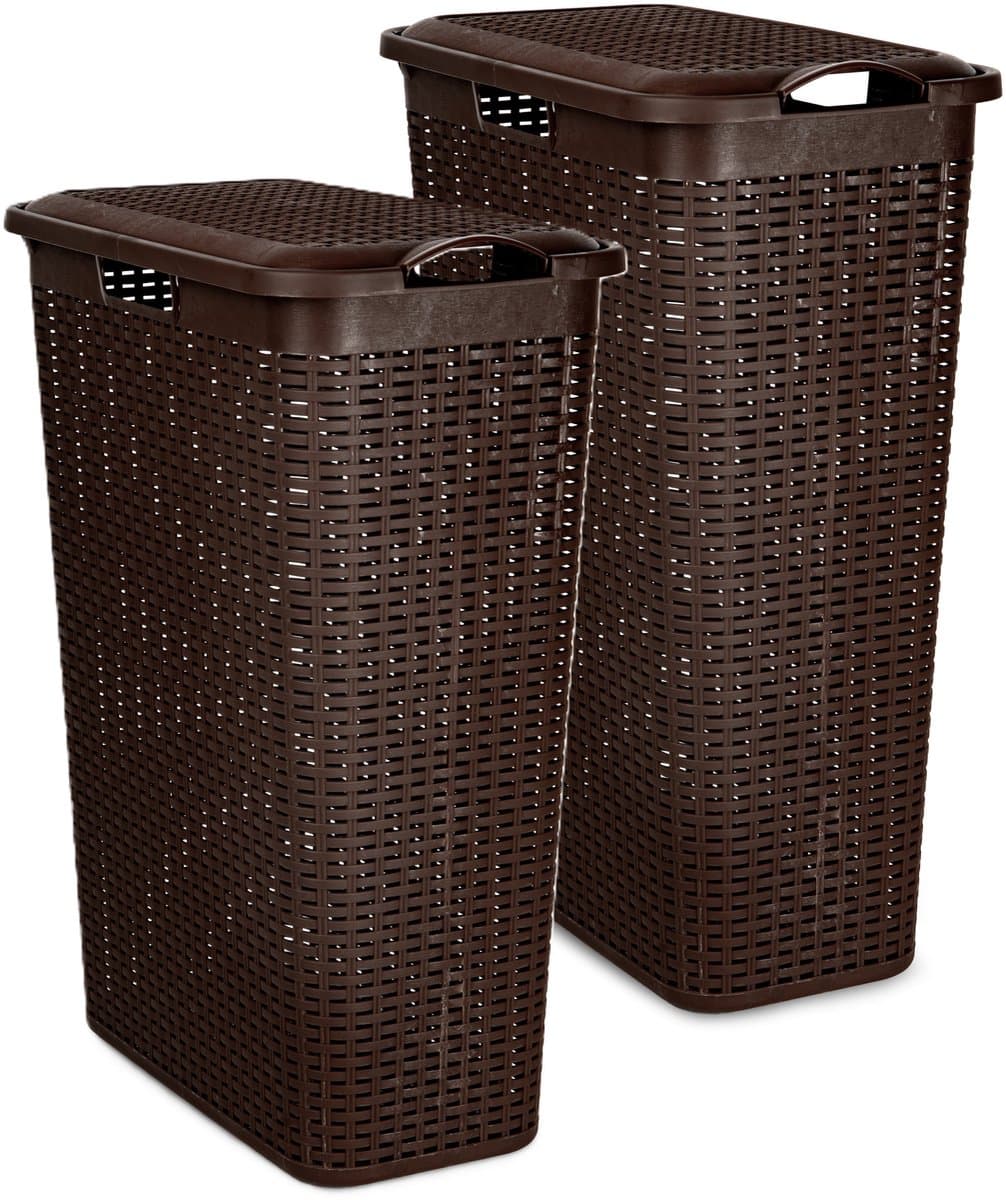 Plasticforte Smalle Wasmand met deksel Rotan - 2x - donkerbruin - gevlochten kunststof - 48 liter - 27 x 46 x 60 cm — afbeelding 1