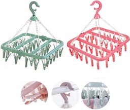 Sock Drying Rack 2PCS Clips Plastic 32 Peg Foldable Indoor Dryer Wind-proof Clothes Hanger Hanging for Socks Underwear Shoe Insoles Baby Clothes Gloves (PinkGreen) — thumbnail 1