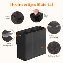Wasmand - Wassorteerder met 3 vakken en 3 uitneembare waszakken - Met deksel en handgrepen - Zwart — thumbnail 5