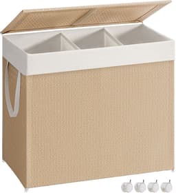 Wasmand - 140 L - 3 Compartimenten - Met Wielen - Naturel Beige - Mat Wit — thumbnail 1