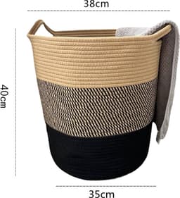 Veelzijdige Katoentouw Geweven Opbergmand met Handvatten - Perfect voor Speelgoed, Was en Schoenen - 35 cm Diameter x 40 cm Hoogte-bruin/zwart — thumbnail 2