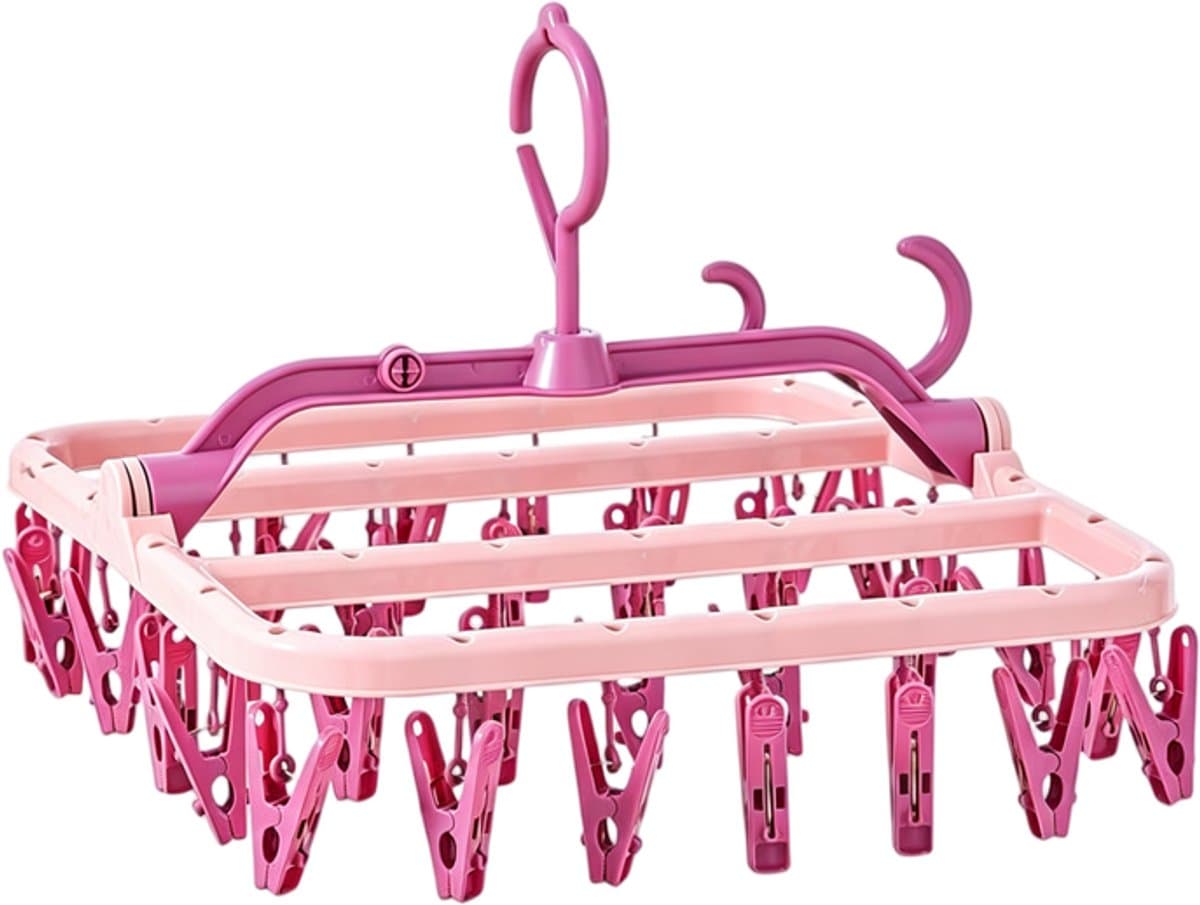Droogrek met 32 ​​knijpers – Voorzien van extra haken aan beide zijden voor extra gemak – Geschikt voor sokken, ondergoed en kleine kledingstukken – Groot draagvermogen – Opvouwbaar, draagbaar en ruimtebesparend – Afmetingen: 32 x 32 x 24 cm — afbeelding 1