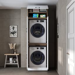 Roomart DORA-I Wasmachine Ombouwkast 70x230 cm met Opzetkast - Wit Eiken — thumbnail 3