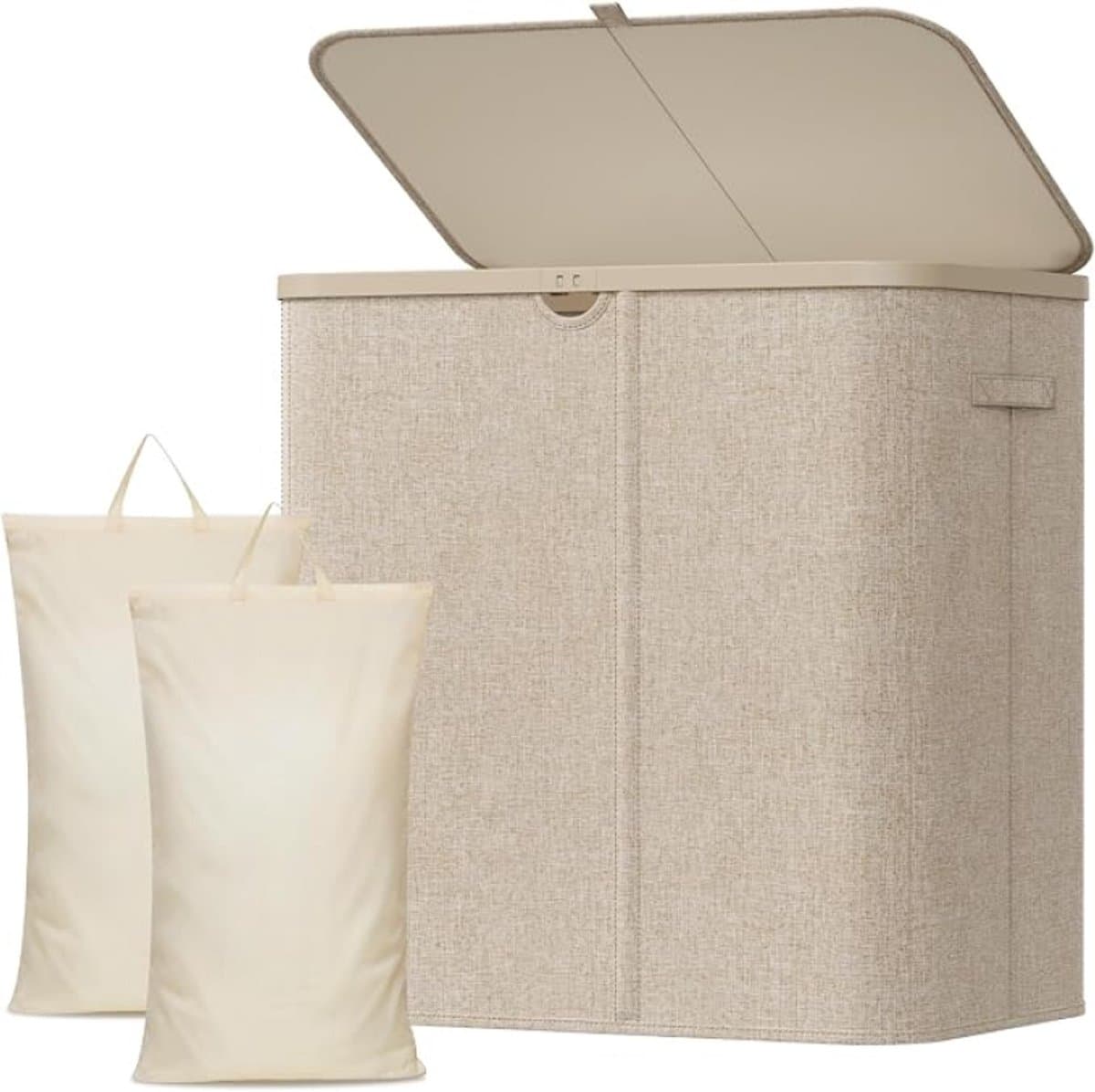 Wasmand 2 Vakken met Deksel, Grote Opvouwbare Wasmand met Uitneembare Zakken, Laundry Basket voor Badkamer, Slaapkamer en Wasruimte, 145L, Beige — afbeelding 1