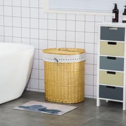 Wilgen wasmand met deksel - Handvat - Verwijderbare waszak - Voor badkamer wasruimte en slaapkamer - Naturel — thumbnail 4