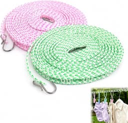 2 stuks waslijn, 16 m, antislip waslijn, camping, verstelbare winddichte waslijn met haken voor tuin, reizen, vakantie, camper of caravan (groenblauw-wit, roze-wit) — thumbnail 1