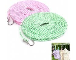 2 stuks waslijn, 16 m, antislip waslijn, camping, verstelbare winddichte waslijn met haken voor tuin, reizen, vakantie, camper of caravan (groenblauw-wit, roze-wit)