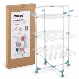 Cheqo® Droogtoren 30 Meter - Droogrek op Wieltjes - Wasrek Inklapbaar - Verrijdbaar Wasdroogrek met 3 Etages - Wastoren Staand met Haken voor Kledinghangers - Droogrek Toren - Wasrek voor Binnen met Zwenkwielen - Ruimtebesparend - Wit — thumbnail 5