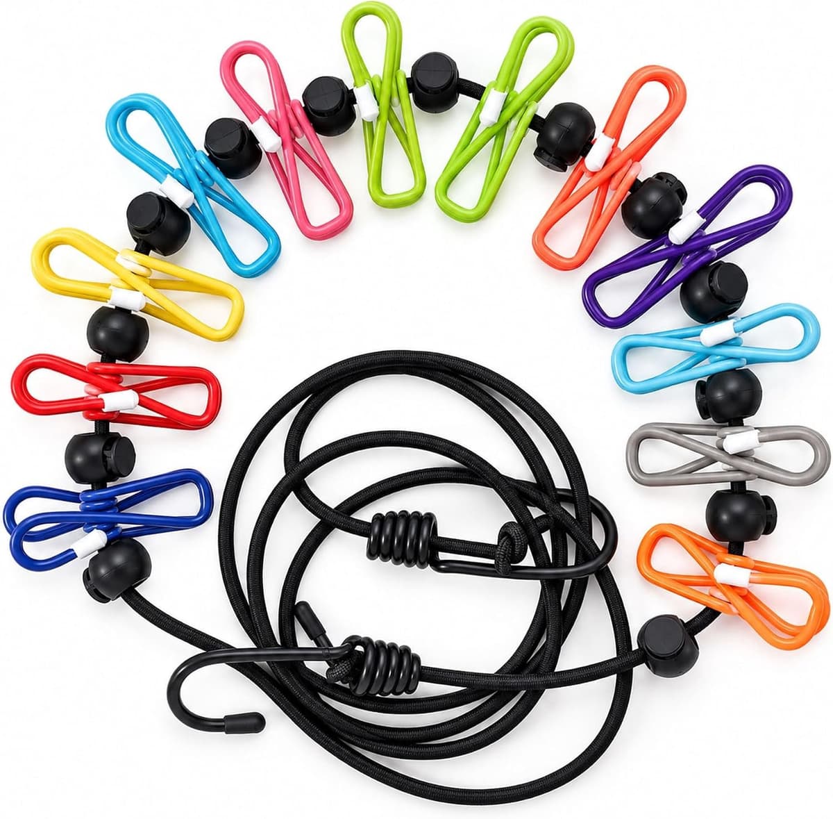 Wasband voor camping en reizen, 1,8-3 m uittrekkbaar met 12 clips, elastische camping wasband, winddicht zonder boren voor tent, caravan en balkon — afbeelding 1