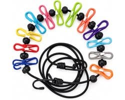Wasband voor camping en reizen, 1,8-3 m uittrekkbaar met 12 clips, elastische camping wasband, winddicht zonder boren voor tent, caravan en balkon