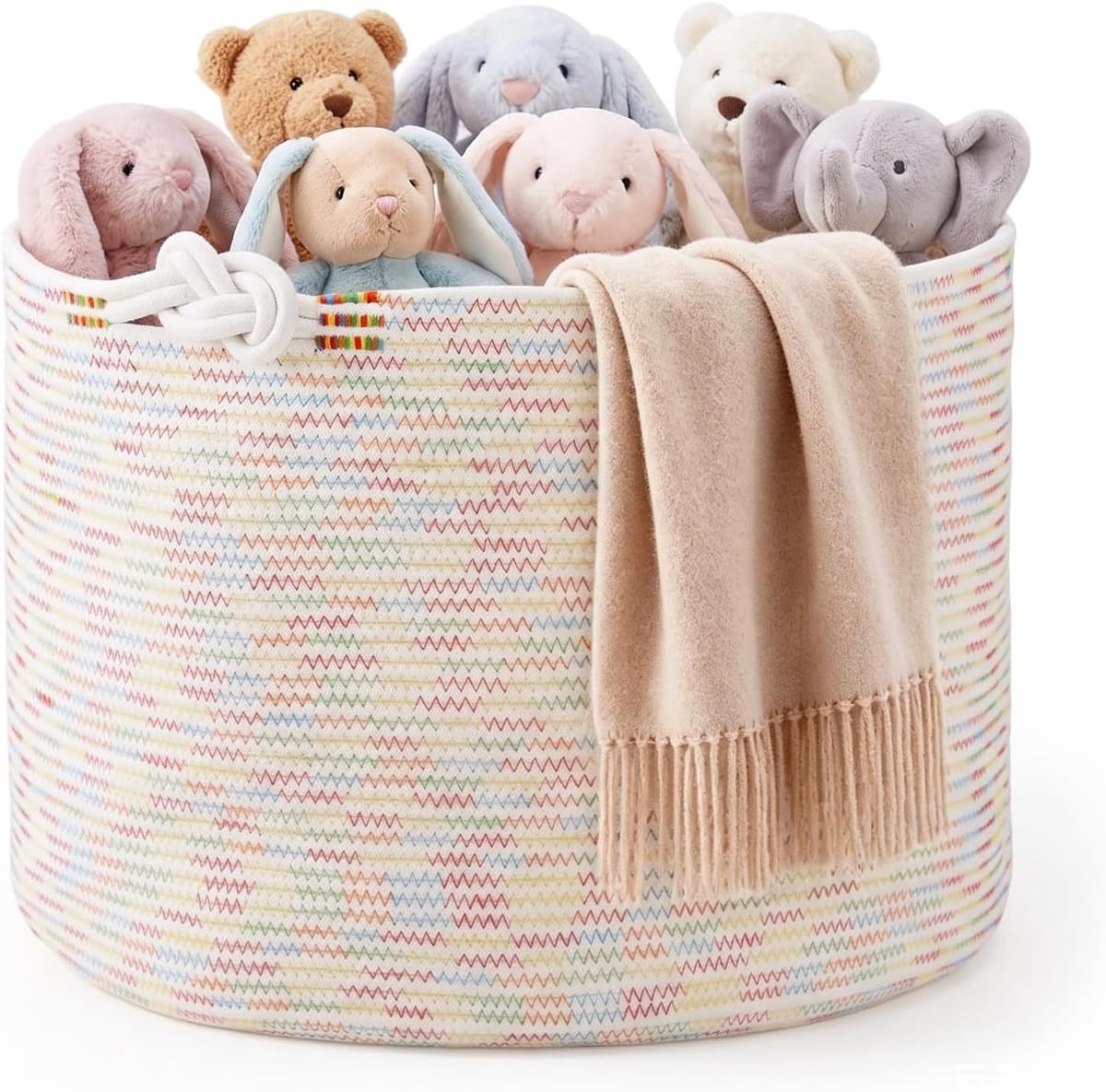 Opbergmand, 50 x 35 cm, katoenen touw, wasmand met knoophandgrepen, XXL dekmand en wasverzamelaar voor woonkamer, speelgoedmand voor kinderkamer, pastelregenboog, kleurrijk — afbeelding 1