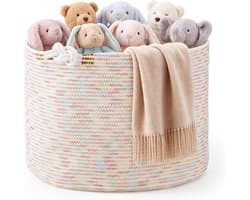 Opbergmand, 50 x 35 cm, katoenen touw, wasmand met knoophandgrepen, XXL dekmand en wasverzamelaar voor woonkamer, speelgoedmand voor kinderkamer, pastelregenboog, kleurrijk