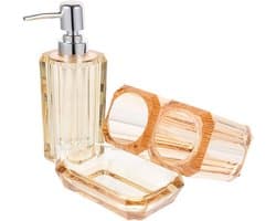 1set Badkameraccessoires Luxe Transparante Zeepdispenser Tandenborstelhouder Mondspoelbekertje Zeepschotel Champagnegoud Voor Thuis of Hotel