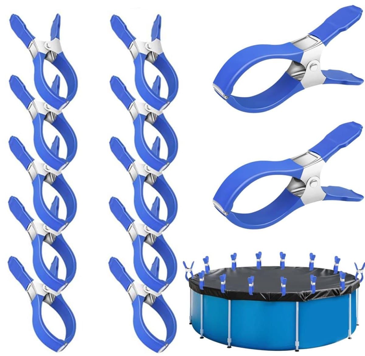 Grote Windvaste wasknijpers - 12 Stuks - 12 × 2 × 6,5 cm - RVS - Gordijnclips - Dekzeil Klemmen - Geschikt Voor Het Van Dekbedden, Sokken, Kleding En Zwembadafdekkingen - Kledingclips Van Metaal - Blauw — afbeelding 1