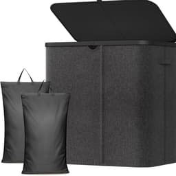 Wasmand 2 Vakken - Wasmand - Wasbox met 2 Vakken - Zwart - 60cm x 40cm x 67cm — thumbnail 1