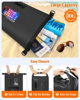 Rugzak, 20 l/30 l, waterdichte tassen met waterdichte telefoontas, drijvende strandtas voor zwemmen, kamperen, boottochten, kajakken, vissen, zwart., 20 Grande longueur, Waterdichte — thumbnail 3