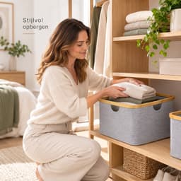 Wasmand 45 Liter – Opvouwbare Wasmand met Bamboe Rand – Wasmand Groot met Handgrepen – Stoffen Opbergmand voor Wasgoed, Speelgoed & Handdoeken – Grijs - Heupwasmand — thumbnail 2
