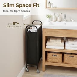 PolkaHome 80L slanke wasmand met wielen, stoffen rollende wasmand, smalle kledingorganizer, hoge mand voor kast, wasruimte, badkamer, zwart — thumbnail 4