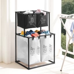 Wasmand 4 Vakken - Wassorteerder 2 Niveaus - Uitneembare Oxford-Stoffen Zakken - Opvouwbaar Metalen Frame - Ruimtebesparend Verticaal Ontwerp - 7 cm Verhoogde Onderzijde - Voor Badkamer, Slaapkamer en Wasruimte — thumbnail 3