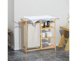 REDOM - Wasmand met strijkplank en 3-laags rek - Uitschuifbare waszak en uitneembare voering - Bamboe - Naturel - 113 x 34 x 82 cm